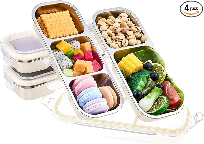 4 Pcs 304 Stainless Steel Lunch Containers Bento Boxes 38oz Salad Multipurpose with 3 and 2 Compartments Winter Party Reusable Large Box with Lids Divided Containers for Snack Dip Sandwich (White)