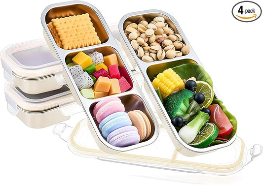 4 Pcs 304 Stainless Steel Lunch Containers Bento Boxes 38oz Salad Multipurpose with 3 and 2 Compartments Winter Party Reusable Large Box with Lids Divided Containers for Snack Dip Sandwich (White)