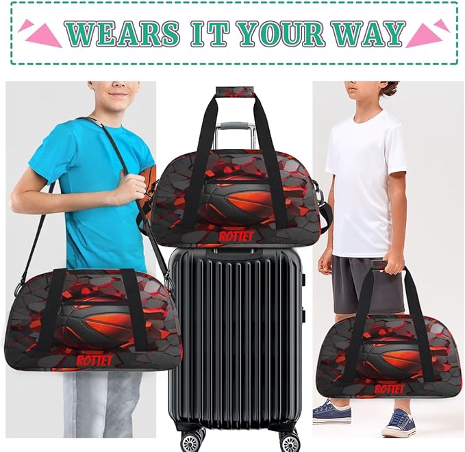 Custom Name Sports Bag for Kids Boys, Personalized Gym Duffel Fitness Travel Weekender Tote Carry-On Training Perform Bag,Red Soccer Ball