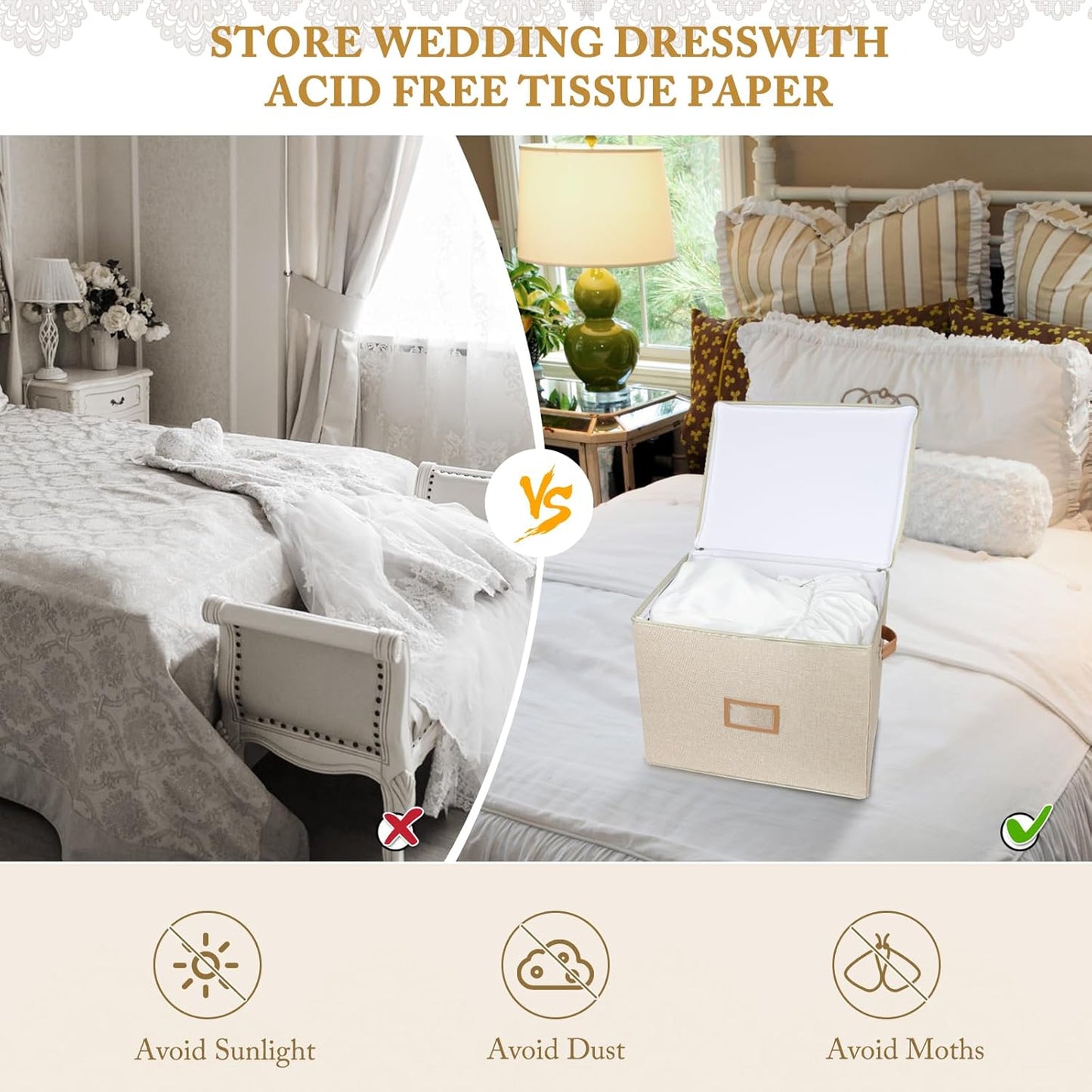 Lukeline Wedding Dress Storage Box,Wedding Dress Preservation Box with Lid,Foldable Acid-Free Organizer with 1 Pair of Microfiber Gloves and 20 Sheets of Acid-Free Paper, 2-Pack