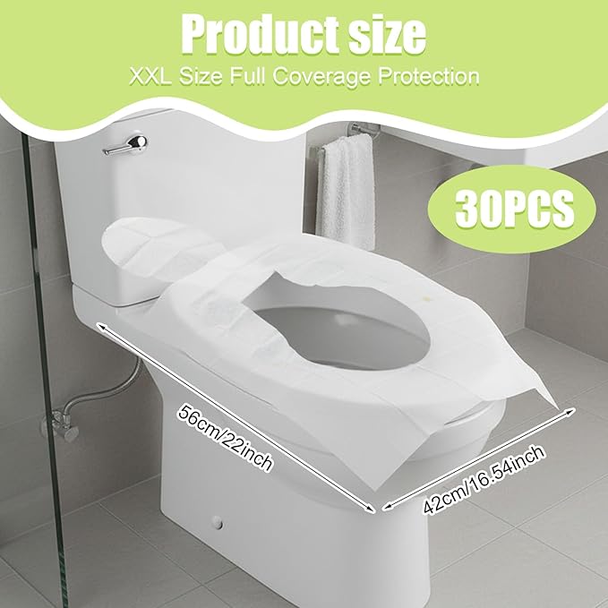 30Pcs Disposable Toilet Seat Cover, Individually Wrapped XXL Travel Toilet Seat Covers, Faster Use-Sticker Free｜Flushable｜Full Coverage Paper Liners Toilets Covers for Public Restroom/Airplane