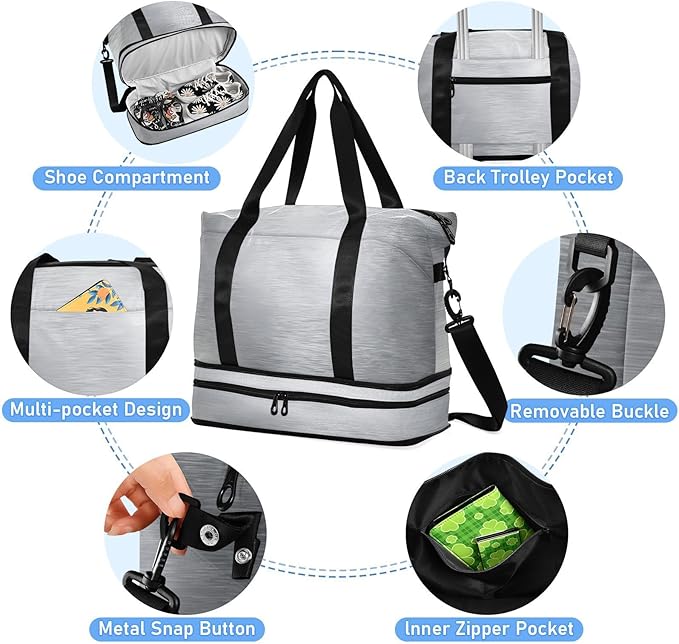 Travel Duffel Bags for Women Metallic Silver Print Sports Duffel Bags Gym Bags with Shoes Compartment Tote Bag Weekender Bag for Travelling