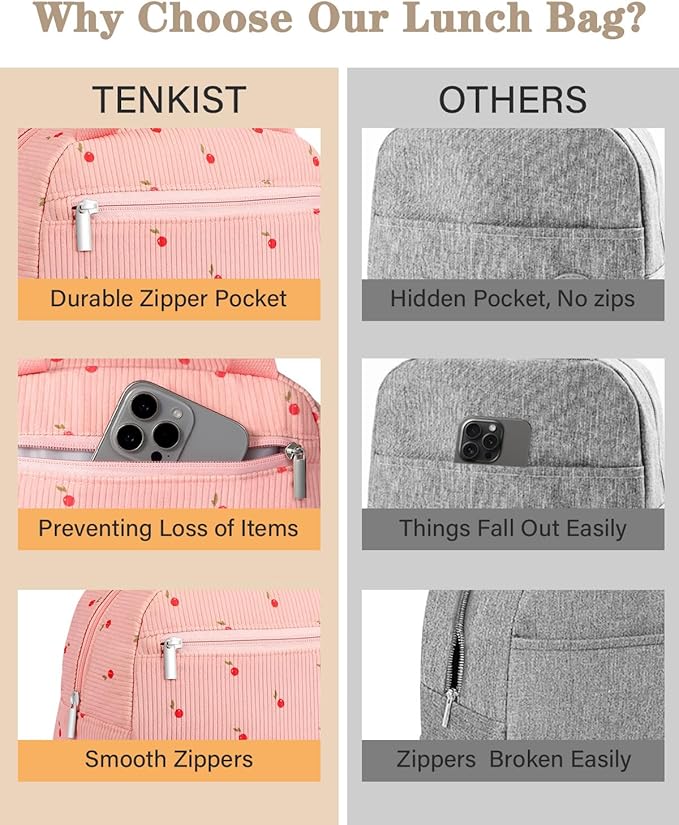 Cute Lunch Box Tote Bag - CoolerCorduroy Insulated Bags for Women - Lightweight Reusable Portable Soft Lunch Pail Kit for Kids Teen Girl Adults Work School Picnic Travel Pink 8L