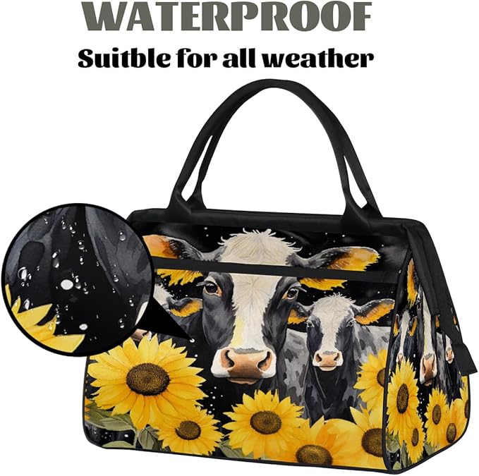 Gym Bag for Women Men, Watercolor Yellow Sunflowers Cow Sports Duffel Bags, Waterproof Travel Weekender Overnight Carry On Tote Bags for Travel Sports