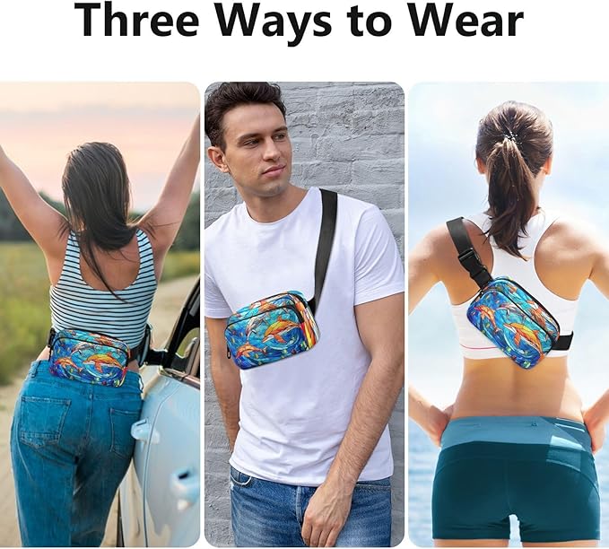 Stained Glass Printed Sea Dolphin Fanny Pack for Women Men Water Resistant Fashion Waist Packs with Adjustable Strap Belt Bag for Travel Workout Jogging Hiking 21219623