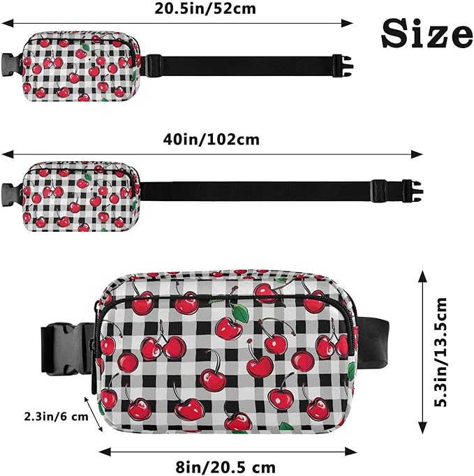 Cherry Fruit Black White Checkered Plaid Fanny Pack for Women Men Water Resistant Fashion Waist Packs with Adjustable Strap Belt Bag for Travel Workout Jogging Hiking 21219423