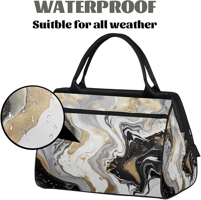White Golden Black Marble Print Travel Duffel Bag, Waterproof Sports Gym Duffle Bag, Large Capacity Weekender Carry On Overnight Bags for Women Men