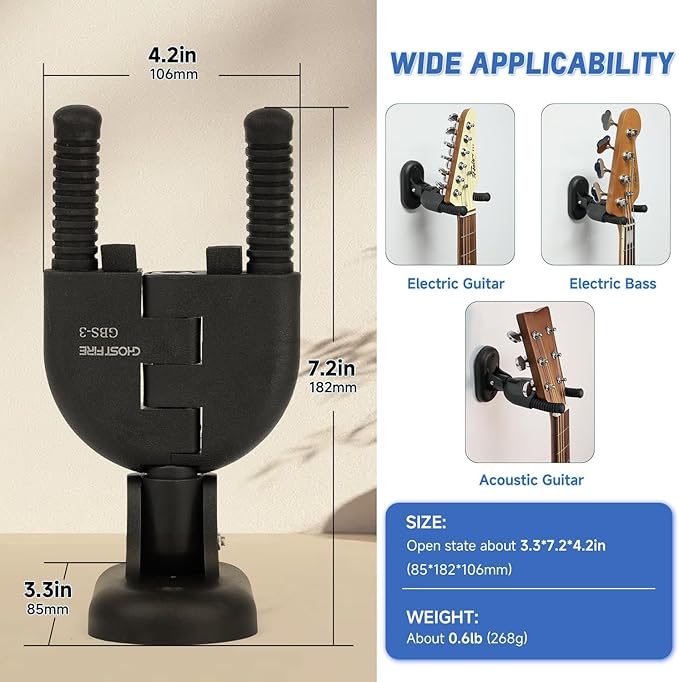 GHOSTFIRE Foldable Guitar Wall Mount Auto-Locking Guitar Wall Hangers, Guitar Holder Wall Hook Stand Fits for Acoustic, Classical, Electric, Bass Guitars,Ukulele (GBS-3)