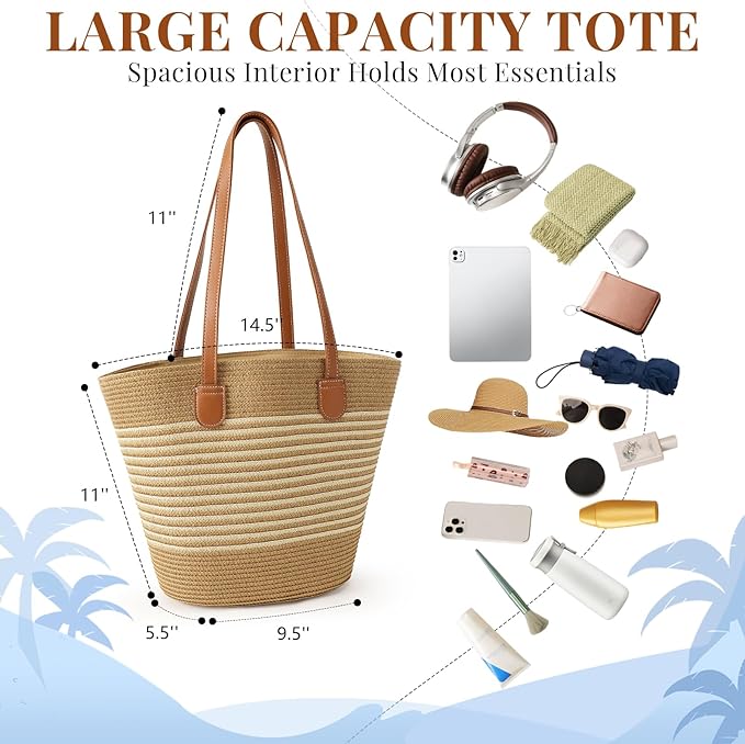 Trifabricy Beach Bags for Women, Summer Straw Beach Bag Straw Purse Shoulder Handbags Large Beach Tote for Summer Vacation