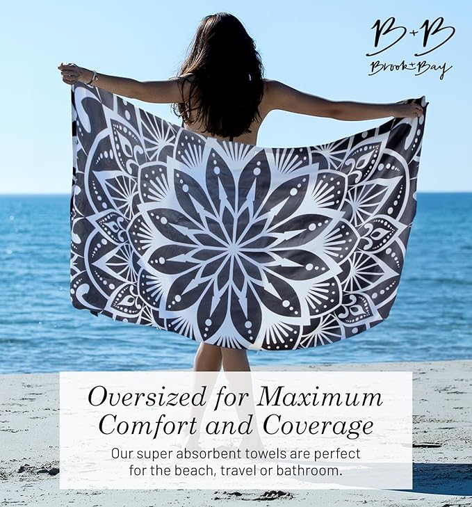 Brook + Bay Sand Free Beach Towel, Compact Beach Towel, 35"x78" Beach Towels - Oversized, Sandproof, Light Weight Beach Towel in a Bag - Mandala