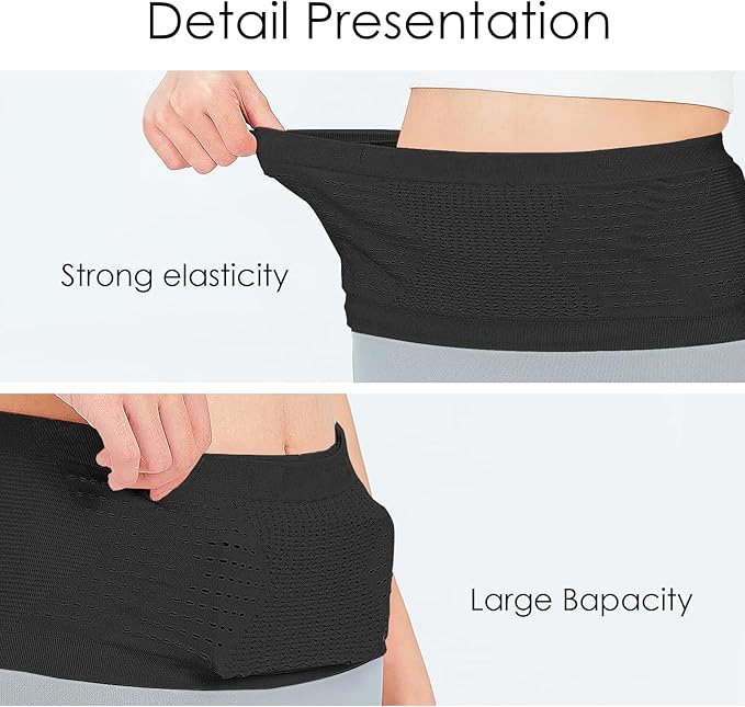 Slim Running Belt, No-Bounce Hidden Waist Pack with 360° Opening for Soft Flask, Cellphones, Keys or Gels, Black, Large