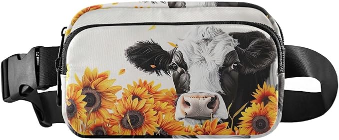 Kawaii Cow Sunflower Fanny Pack for Women Men Water Resistant Fashion Waist Packs with Adjustable Strap Belt Bag for Travel Workout Jogging Hiking 21220226