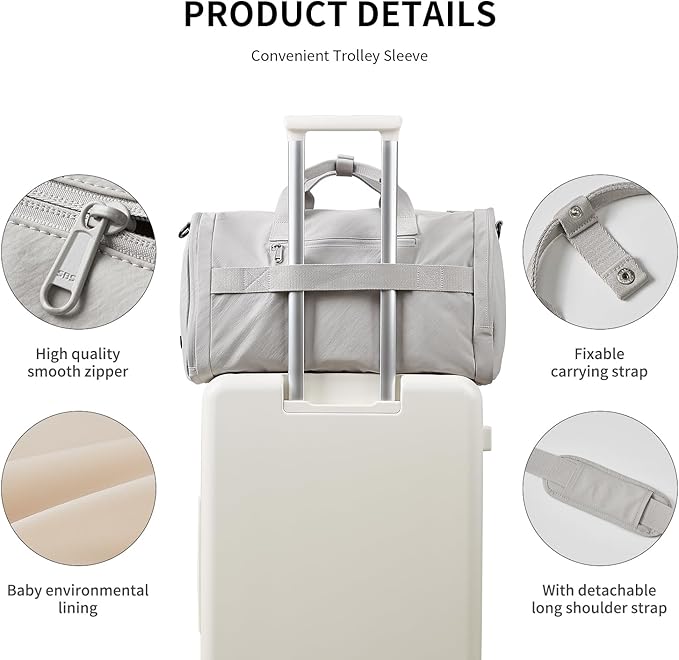 Foldable Travel Duffel Bag for Women with Shoes Compartment, 3 in 1 Carry on Gym Bag with Removable Dry Wet Bag, Lightweight&Water Resistant Duffel Bag for Travel,Sports&Workout, Elegant Gray