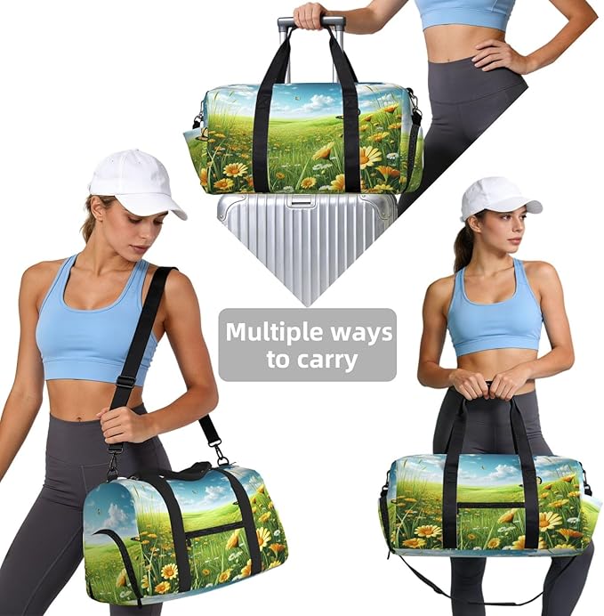 Sunny Meadow Print Gym Bag with Shoe Compartment for Women Men, 17.7in Sports Duffle Weekender Tote, Overnight Travel Duffel Bag Carry On