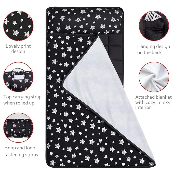 Toddler Sleeping Bag Nap Mat Black with Fleece Blanket, Lightweight, Soft Perfect for Toddlers Preschool, Daycare, Travel Sleeping Bag Boys Girls, 21" x 50" Fit Standard Cot