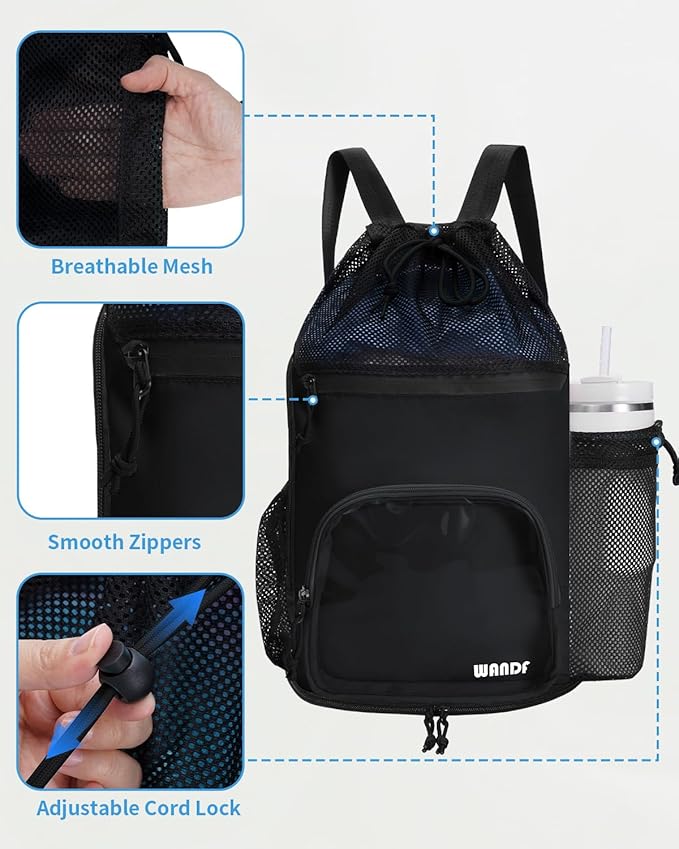WANDF Swim Bag with Wet Pockets, Sandproof Beach Backpack with 40oz Tumbler Side Pockets, Mesh Drawstring Backpack Swim Bag for Swimming, Pool, Gym and Workout Gear (Black)