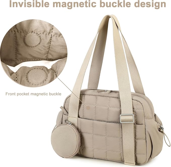 CAMTOP Mini Gym Bag for Women, Small Gym Tote Bag Puffy Quilted Sports Duffel Bag with Wet Compartment and Coin Purse Duffel Bags Dance Yoga Workout Bag for Gifts (Camel, Mini-12.6")