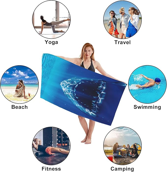 Shark Beach Towel,Shark Opens Mouth in Deep Sea Lightweight Compact Sand Free Quick Dry Oversized Pool Swimming Towels for Girls Women Adults,29.5"×59"