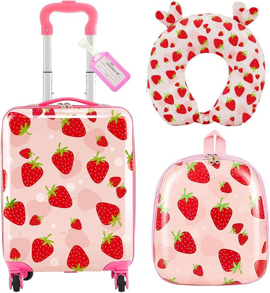 Sanwuta 4 Pcs Kids Luggage Set Rolling Suitcase Backpack U-shaped Pillow Kids Carry On Gift for Summer Travel Family Trip(17 Inch,Strawberry Style,Light Pink)