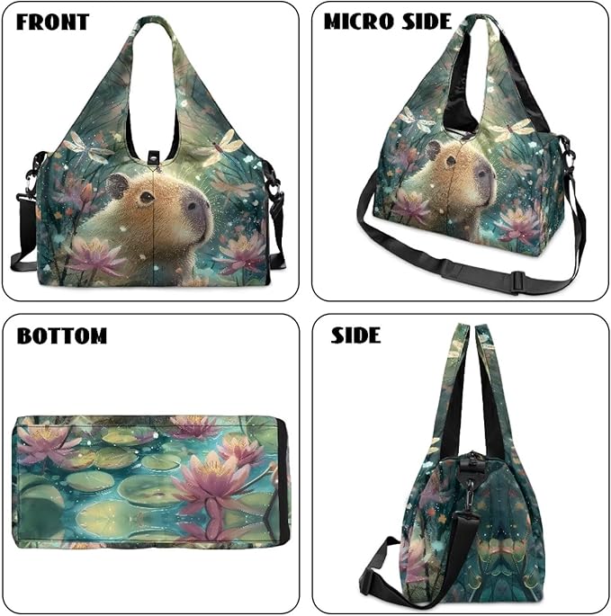 Capybara Dragonfly Sport Travel Duffle Bag with Shoe Compartment Women's Large Tote Bag for Beach Swim Airplane Weekender Carry on Bags Ladies Overnight Organizer