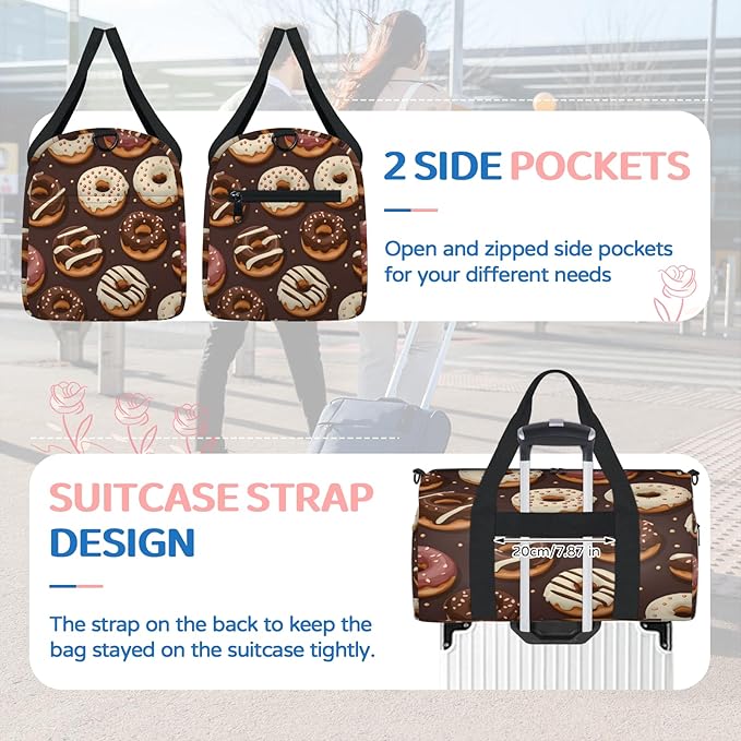 Donuts Gym Bag for Women 17 inch Waterproof Carry On Overnight Weekender Bag Sports Duffel Tote Bags for Travel Workout