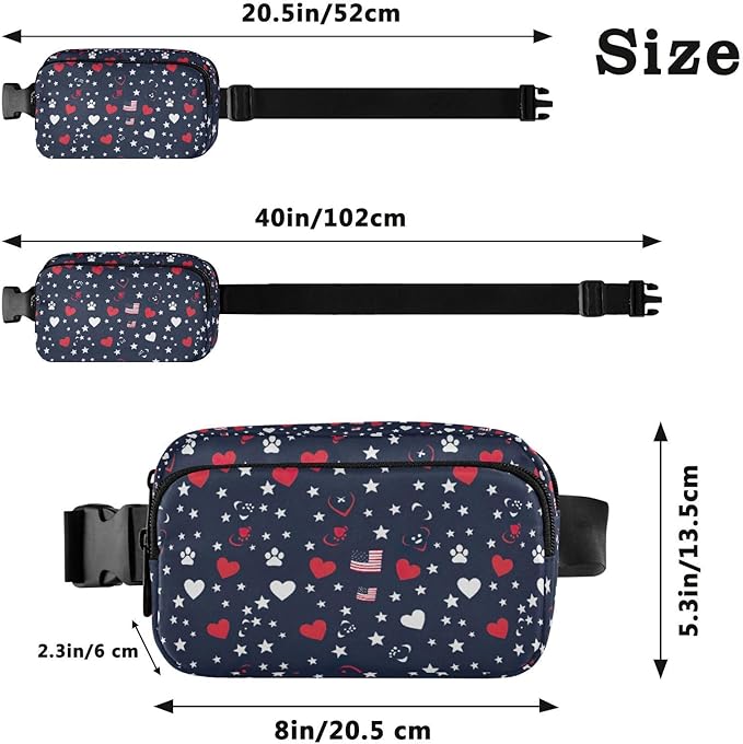 Kawaii American Flag Heart Dog Paw Fanny Pack for Women Men Water Resistant Fashion Waist Packs with Adjustable Strap Belt Bag for Travel Workout Jogging Hiking 21219380