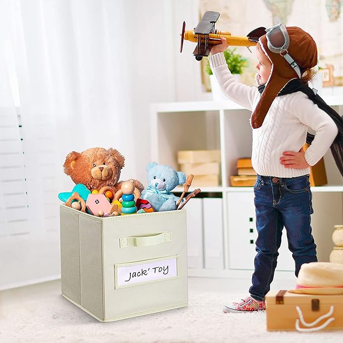 artsdi 13x13x13 storage cube bins(Set of 8) Fabric storage cubes with 8 Labels Window Cards & a Pen, storage cubes 13x13, Collapsible 13 inch cube storage bins, Cubby Boxes, Beige