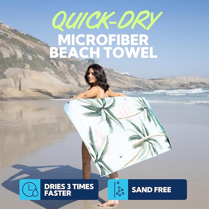SUN NINJA Microfiber Beach Towel - Sand Free, Quick Dry, Lightweight & Compact for Beach, Pool, Yoga and Camping - 63x32 inch Super Absorbent, Large Sand Free Swim Towels for Adults and Kids