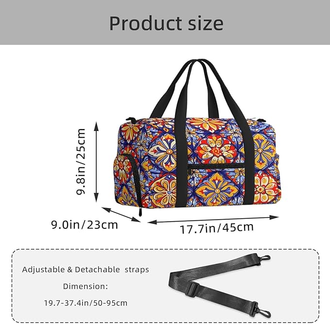 Sports Gym Bag Traditional Mexican Mandala Floral Travel Duffel Bag With Shoe Compartment Shoulder Strap, Lightweight Water-Resistant Weekend Overnight Totes For Women Men