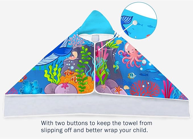Bonsai Tree Blue Sea World Hooded Beach Towel for Kids, Cute Bath Towel with Hood, Boy Microfiber Super Absorbent Soft Poncho Bathrobe for Swin Pool 30”x50”