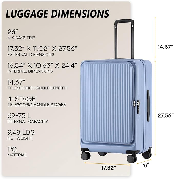 26 Inch Top Opening Expandable Checked Travel Luggage with Spinner Wheels,All PC Hard Shell Hardside Lightweight Medium Suitcase with TSA Approved Cup Holder for Business Trips Woman Men,Blue