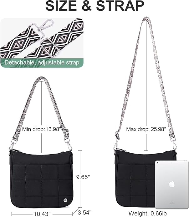Anti Theft Crossbody Bags for Women,Quilted Puffer Travel Purses Shoulder Hobo Bag Handbag with Guitar Strap
