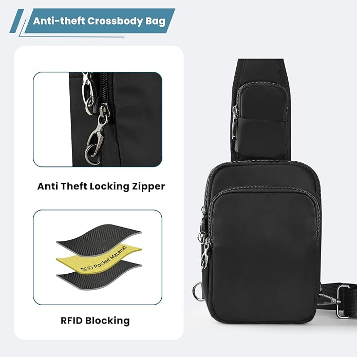 Sling Bag, Crossbody Bag with Zipper Lock, RFID & Water Resistant for Women and Men Small Chest Bag for Travel Casual
