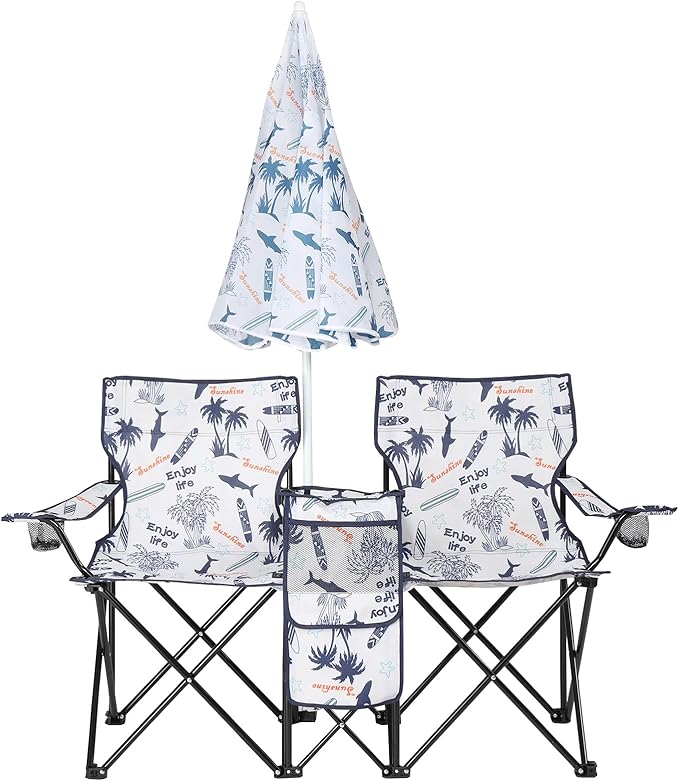 Double Folding Camping Chair W/Umbrella Fold Up Table Beverage Holder Carrying Bag Cooler for Patio Pool Park Outdoor Beach, Picnic, Portable (Coconut)