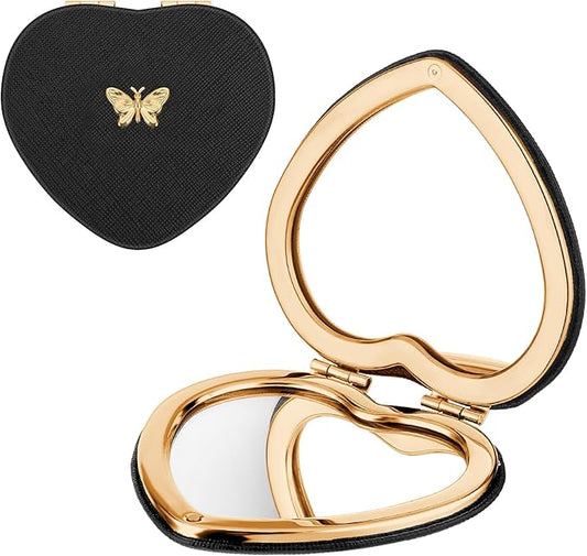 Heart Shaped Double-Sided 1X/2X Magnifying Mirror, Compact Folding PU Leather Makeup Mirror, Ultra-Portable for Women Home Office Travel