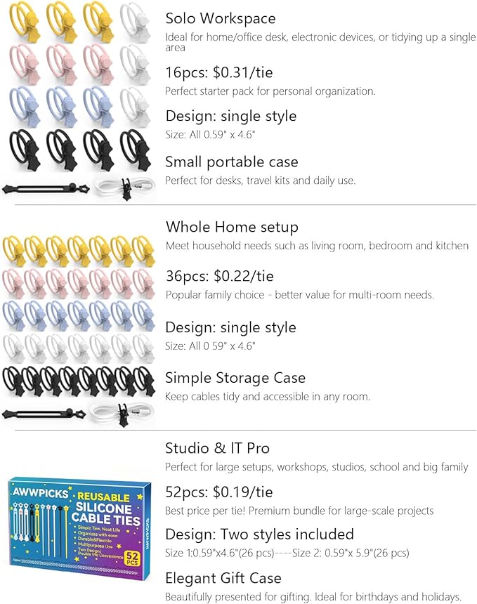 36-Pack Silicone Cable Ties, Reusable Cord Organizer Straps With 2 Binding Methos, Durable & Stretchable Wire Management for Home, Office, Travel (Black&White)