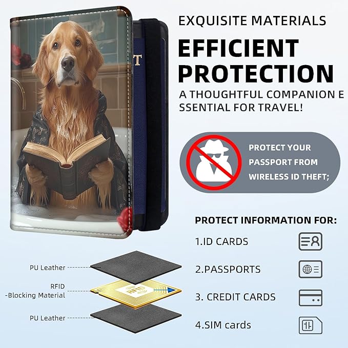 Passport Holder for Travel, RFID Blocking Passport Holder Travel Walle, Passport and Vaccine Card Holder, Vacation Must Haves Travel Accessories for Men Women, Dog Reading in the Bathtub