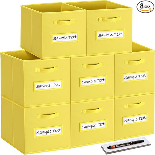 artsdi Fabric storage cubes (8 Pack) 11 Inch Cube Storage Bin, cube organizer bins with 8 Labels Window Cards & a Pen, Foldable cube organizer bins and Storage Box, Dark Yellow