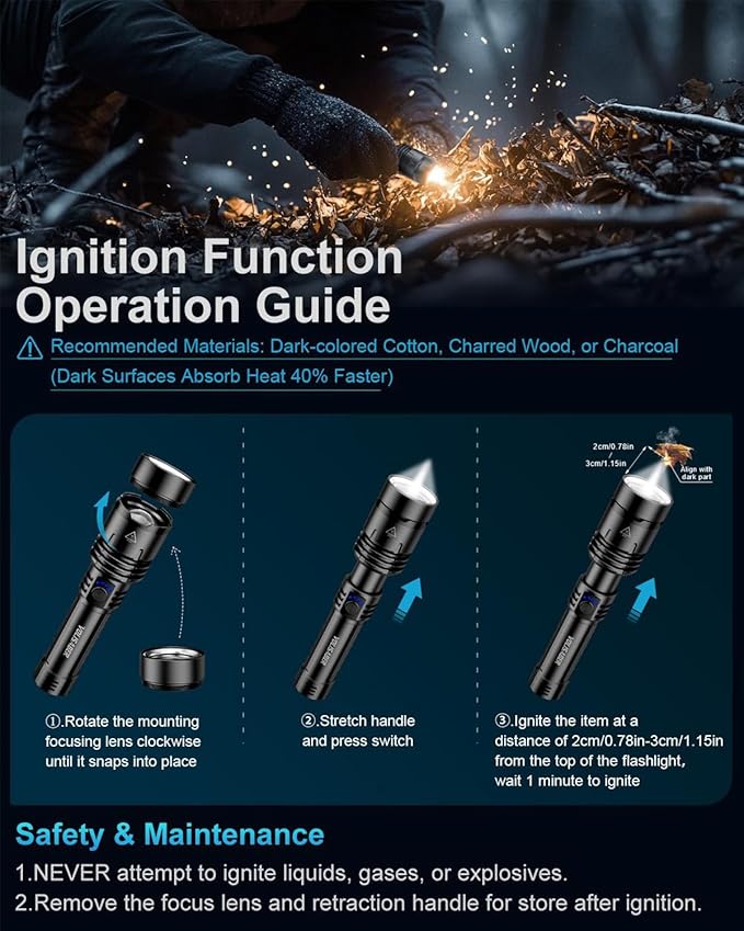 Flashlight 2000 High Lumens, Rechargeable Zoomable LED Tactical Flashlight with Ignition Lens, Emergency Flashlight for Camping Home Security, 5 Modes Waterproof Handheld Flashlights