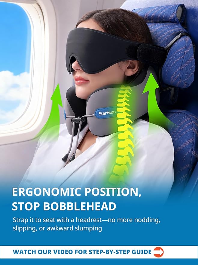 Neck Pillow Airplane,Travel Pillow with Strap,Combo 3D Eye Mask for Sleep,Dual-Density Supportive Foam Travel Neck Pillow for Airplane Flights,Car Road Trip Travel Essentials Black