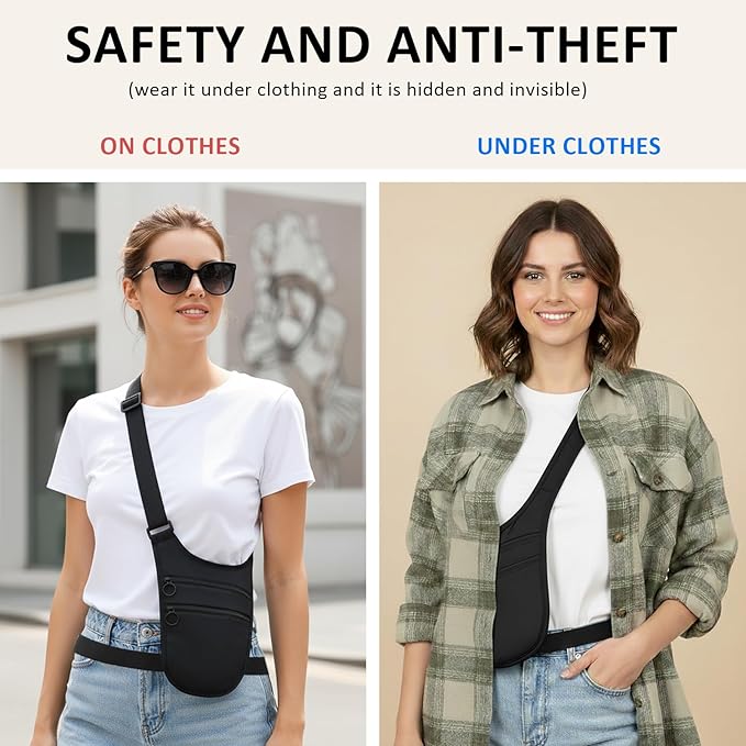 Long Keeper Money Belt for Travel Anti-Theft Crossbody Passport Holder for Women Men Hidden Slim Neck Wallet Under Clothes (Black)