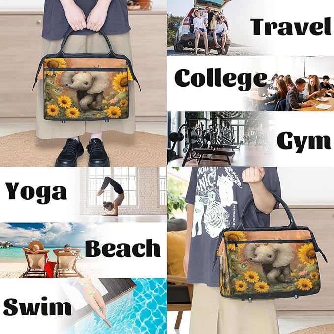 Cute Sunflower Elephant Butterfly Overnight Weekender Bags for Women Men, Waterproof Travel Carry On Duffel Bag, Lightweight Sports Gym Bag for Fitness, Workout, Travel