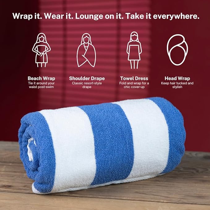 Cotton Turkish Beach Towel with Towels Oversized 30"x60" Pool Absorbent Extra Large Quick Dry Sand Travel Towel (Cabana Fountain Blue, 4 Pack)
