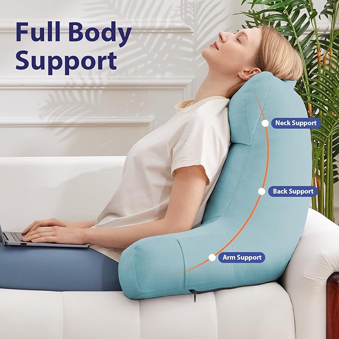 Back Pillow for Bed Sitting up, Reading Pillow for Sitting in Bed Adult, Back Support Pillow, Memory Foam Sit up Lounge Backrest Pillow with Arms for TV, Couch, Chair, Dorm, 24 Inch, Lake Blue