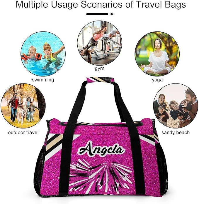 Personalized Cheer Fuchsia Pink Glitter Print Duffle Bags (Can Store Shoes) with Name for Women Man Custom Detachable Shoulder Strap Packs