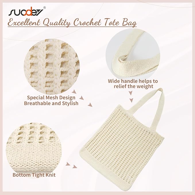 SUOSDEY Crochet Mesh Beach Tote Bag, Knit Summer Vacation Aesthetic Boho Tote Bag for Women