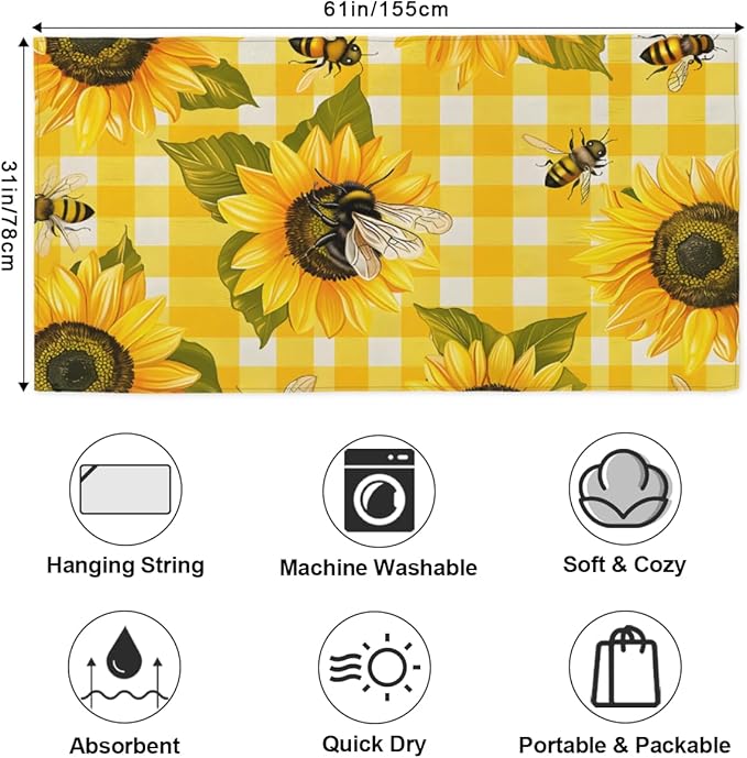 Sunflower Bee Summer Beach Towel, Large Microfiber Quick Dry Lightweight Pool Bath Towels Sand Free Beach Blanket for Summer Cruise Yoga Camping Travel Vacation Essentials 31 x 61 in