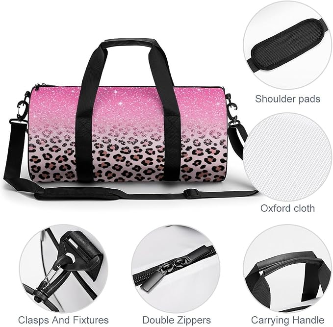 Weekender Carry on Beach Yoga Overnight Luggage Bag Gym Sports Travel Workout Bag Overnight Bags (Pink Glitter Sparkles Cheetah Leopard Print)