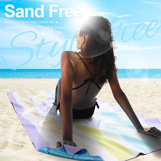 2 Packs Lightweight Thin Microfiber Beach Towel Oversized Quick Dry Compact Sandproof Clearance Towels Sand Free Camping Swimming Easy Pack Travel Accessories Essentials Women Turtle Purple Green
