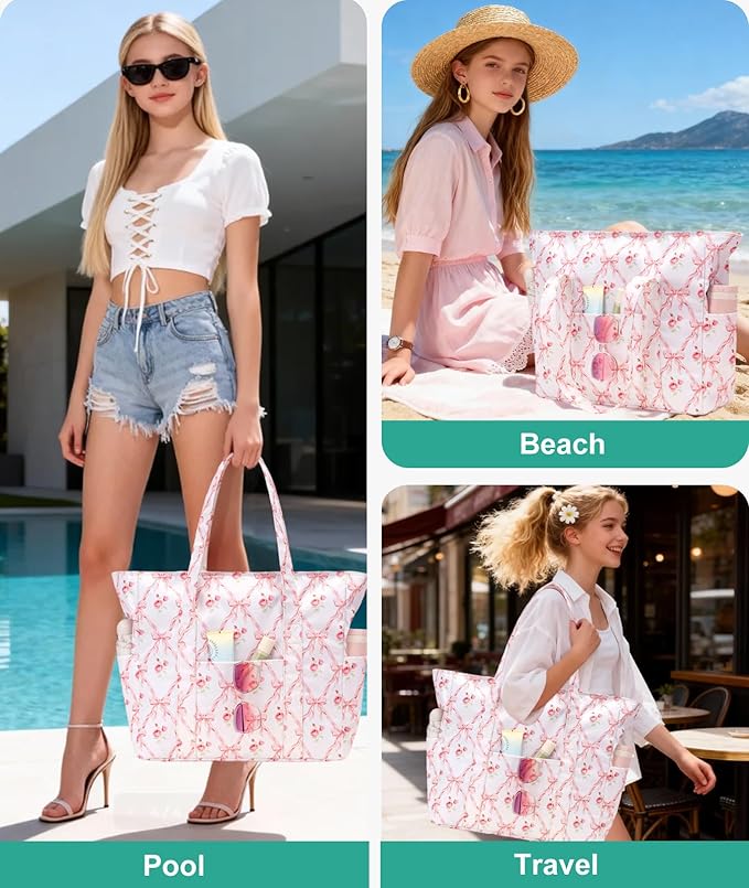 Octsky Large Beach Bags for Women - Waterproof Sandproof Beach Tote with Dual Zipper and Wet Pocket - 3 Outside Pockets